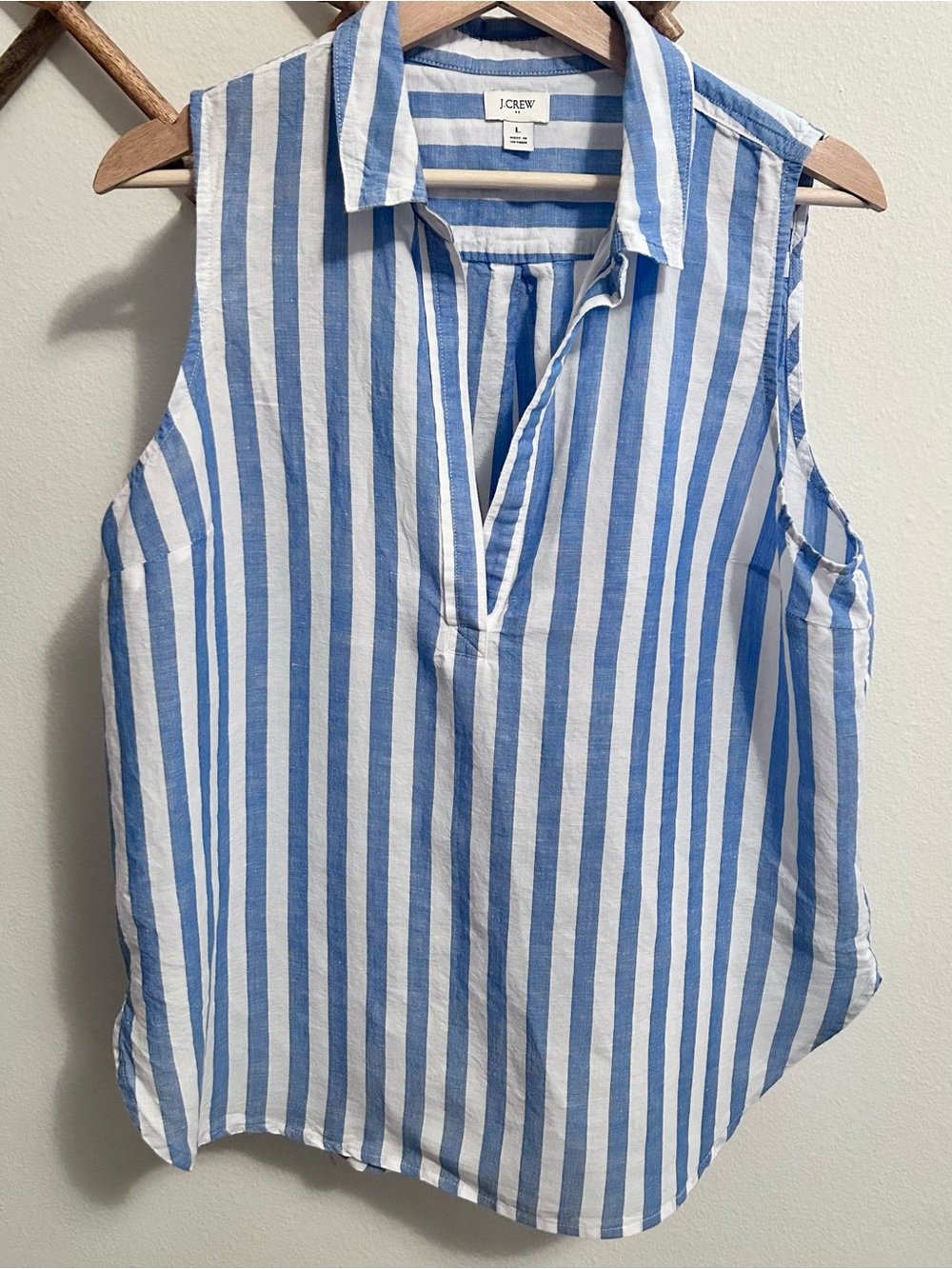 J.Crew Linen Cotton Sleeveless Popover Shirt in light blue stripe size L - Picture 2 of 5